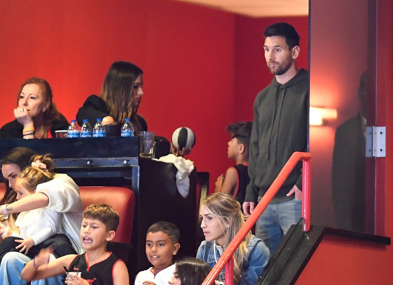 Apr 29, 2024; Miami, Florida, USA; Lionel Messi watches the Miami Heat play the Boston Celtics during the fourth quarter of game four of the first round for the 2024 NBA playoffs at Kaseya Center. Mandatory Credit: Michael Laughlin-USA TODAY Sports